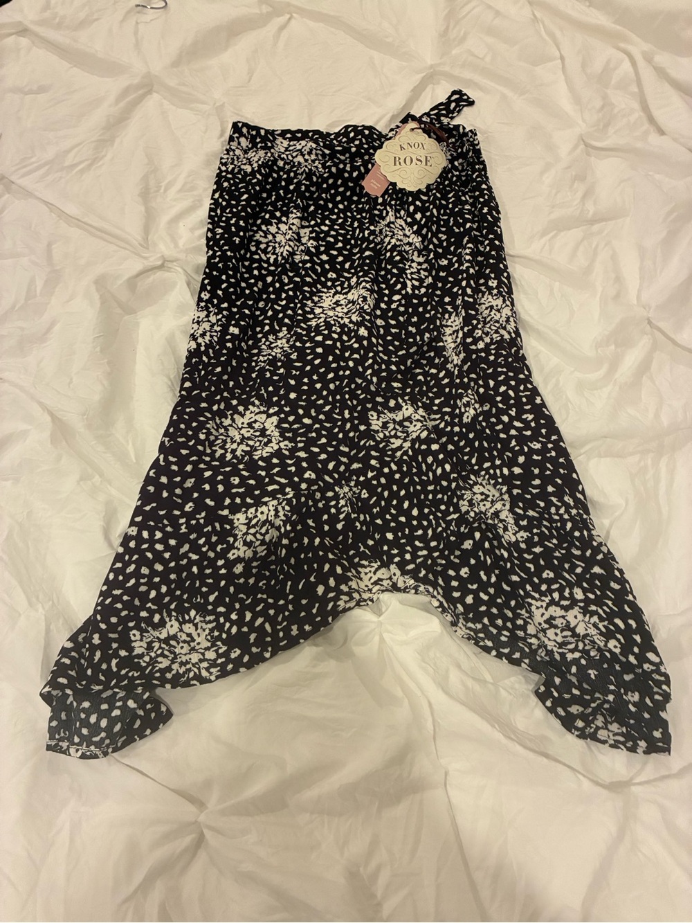 Knox Rose Black and White Asymmetrical Floral Midi Skirt